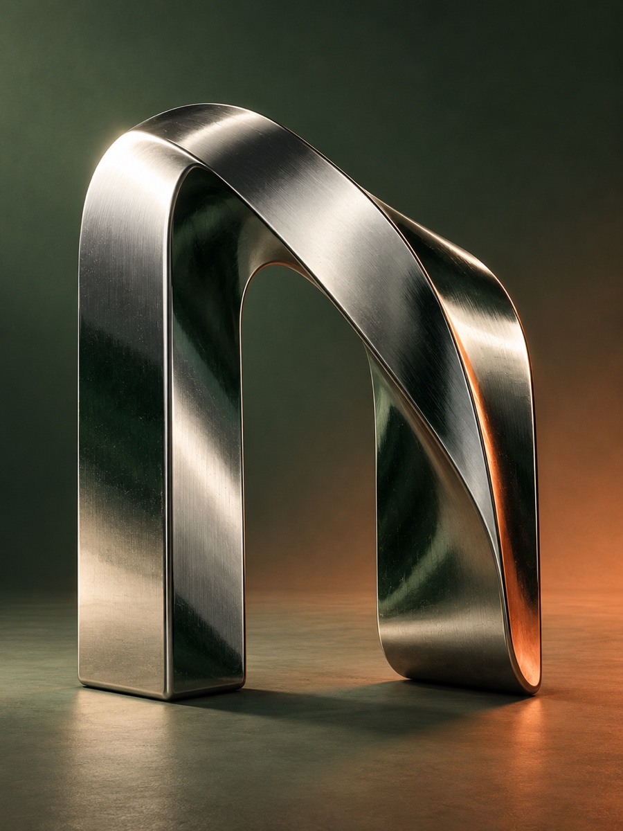 A sculptural chrome arch reflecting forest green and warm copper light.